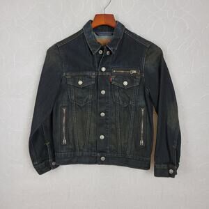 Levis Red Tab Trucker Denim Jacket Womens Medium Dark Wash Snap Closure 2 Pocket